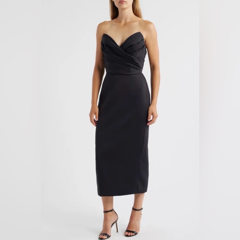 Amsale Black Satin Sweetheart Neckline Bodycon Ruched Midi Gown Size 8